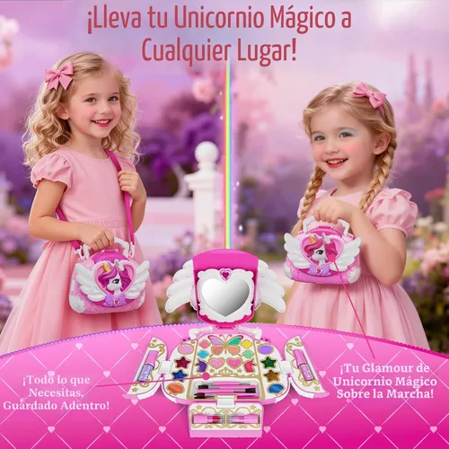 Miniatura 2 de Kit de maquillaje de unicornio para niños con espejo y correa, juego de cosméticos lavable real, bolso de maquillaje de unicornio lindo todo en 1
