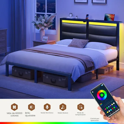 Miniatura 5 de Rolanstar Base de cama de tamaño matrimonial con estación de carga, base de cama LED matrimonial con cabecera de almacenamiento tapizada, cama
