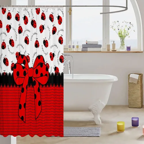 Miniatura 3 de Manfei Cortinas de ducha para niños con lazo de dibujos animados, diseño de mariquita, escarabajo, insecto, niñas, niños, cortinas impermeables