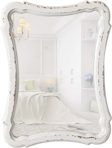 Espejo de pared pequeño con marco de madera rústica, 12 x 9 pulgadas, espejo decorativo vintage blanco envejecido hecho a mano, espejos de baño de