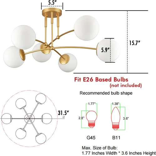 Miniatura 6 de CLAXY - Lámpara de techo dorada de mediados de siglo, semiempotrada, lámpara de globo de ópalo Dimmable 6-Light Sputnik Ceiling Chandelier E26