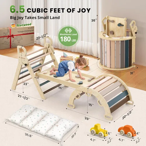 Miniatura 2 de BlueWood Pikler - Juego de triángulos con cojín, juguetes de escalada para niños pequeños 9 en 1, juego de filosofía Montessori, gimnasio