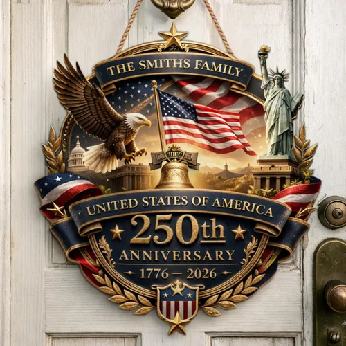 Miniatura 4 de NAZENTI Letrero personalizado para puerta del 4 de julio con nombre familiar, coronas de puerta personalizadas para 250 aniversario de Estados