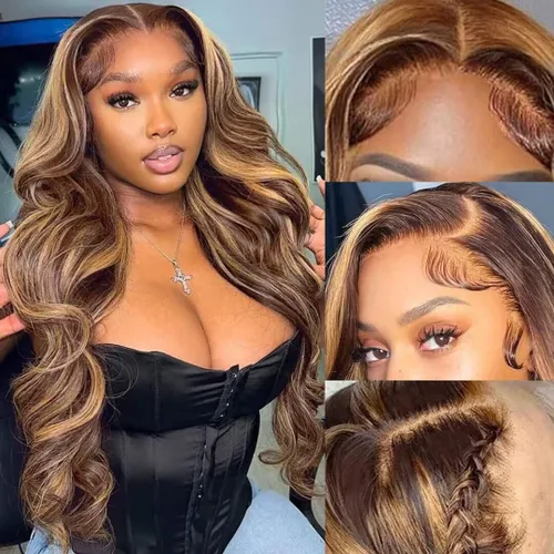 Miniatura 16 de Aicrelery Peluca de cabello humano con encaje frontal de 30 pulgadas, Highlight 13x6, Ombre P4/27, color marrón dorado, frontal con cabello de bebé