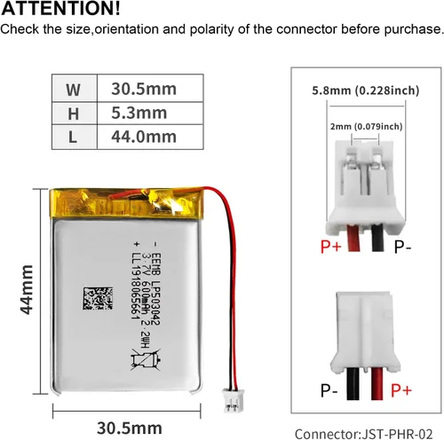 Miniatura 3 de EEMB 3.7V Lipo Batería 600mAh 503042 Batería de iones de polímero de litio recargable con conector JST Asegúrese de que la polaridad del dispositivo