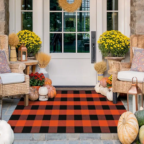 Miniatura 15 de Alfombra Buffalo Plaid Pequeña a Cuadros 2x3 Pies (61x91 cm) Naranja y Negro, Tapete para Puerta Delantera, Navidad Halloween Acción de Gracias