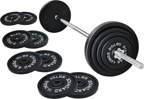 Fitvids - Placas de peso estándar de hierro fundido, incluyendo barra estándar de 5 pies con bloqueos en estrella, juego de 95 libras (placas de 85