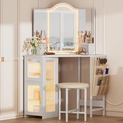 Miniatura 2 de LVSOMT Escritorio esquinero de maquillaje con espejo y luces, tocador de 44 pulgadas con estación de carga, mesa de maquillaje con taburete, armario