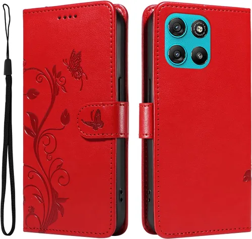 Miniatura 45 de Funda para Motorola Moto E22/E22i, piel sintética, con tarjetero y correa para la muñeca, a prueba de golpes, funda magnética para Motorola Moto Rojo