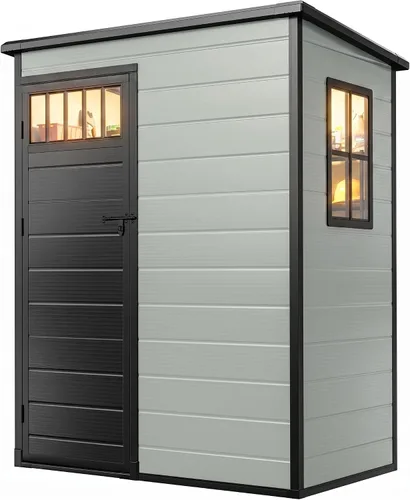 DWVO Cobertizo de almacenamiento para exteriores de 5 x 3 pies con estilo de valla y ventanas laterales, piso y puertas con cerradura, cobertizo de