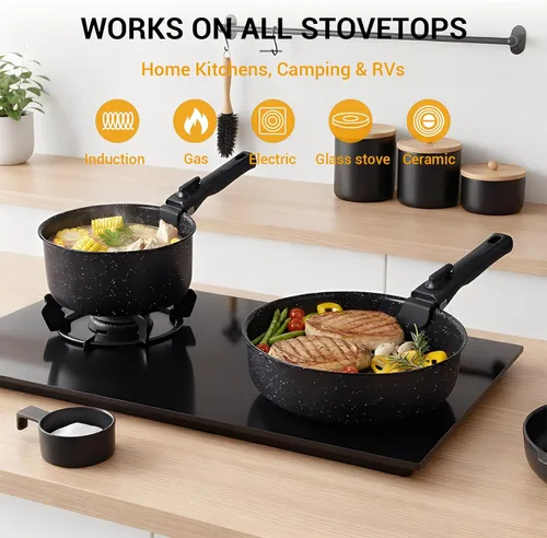 Miniatura 5 de Ammeloo Juego de 21 piezas de ollas y sartenes antiadherentes, juego de utensilios de cocina de cerámica con mango desmontable, juego de cocina