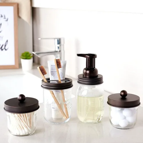 Miniatura 6 de Amolliar Mason Jar - Juego de accesorios de baño (4 unidades), dispensador de jabón espumoso y soporte para cepillo de dientes, decoración rústica