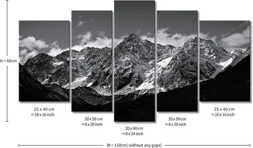 Miniatura 7 de Lienzo decorativo para pared, diseño de montaña en blanco y negro, paisaje de montaña, 5 piezas, impresiones sobre lienzo, arte moderno con marco