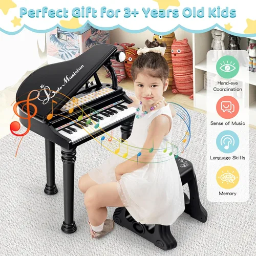 Miniatura 5 de Costzon Piano para niños, mini teclado de juguete de piano de cola de 31 teclas con micrófono, taburete y luces, piano electrónico portátil, juguete