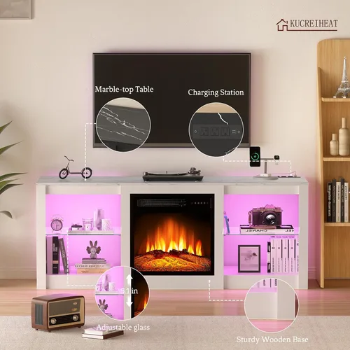 Miniatura 2 de Kucreiheat Soporte de TV con chimenea con luz LED y centro de entretenimiento con chimenea para TV de 65 pulgadas con estantes de vidrio ajustables