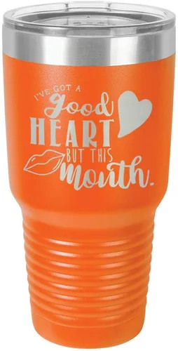 Miniatura 14 de Taza de viaje de acero con recubrimiento de polvo grabado por láser, con texto en inglés "IVE GOT A GOOD HEART BUT THIS MOUTH Engraved 30oz Taza