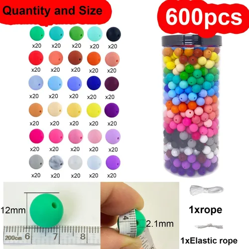 Miniatura 2 de 600 cuentas de silicona, cuentas redondas de silicona de 0.472 pulgadas a granel para hacer llaveros, 30 colores, cuentas focales de silicona