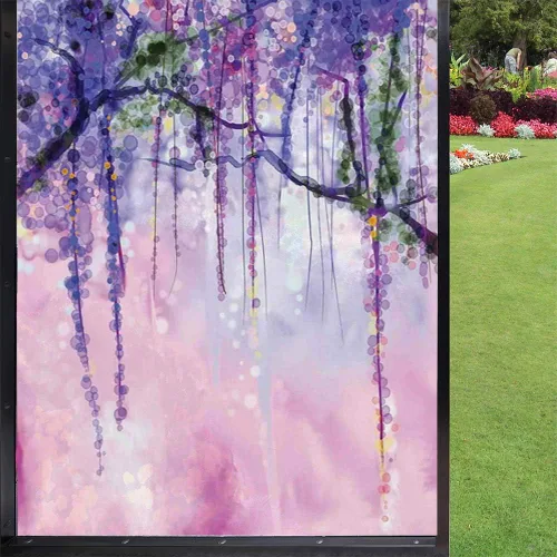 Película esmerilada de acuarela para ventana, decoración del hogar, glicinia sobre fondo borroso con colores de ensueño para el hogar, bloqueo UV,