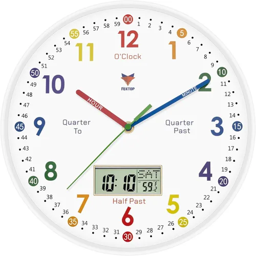 Miniatura 15 de Foxtop Reloj de Aprendizaje Digital y Analógico para Niños - Reloj de Enseñanza para Decir la Hora de 12 Pulgadas Silencioso Sin Tictac Operado