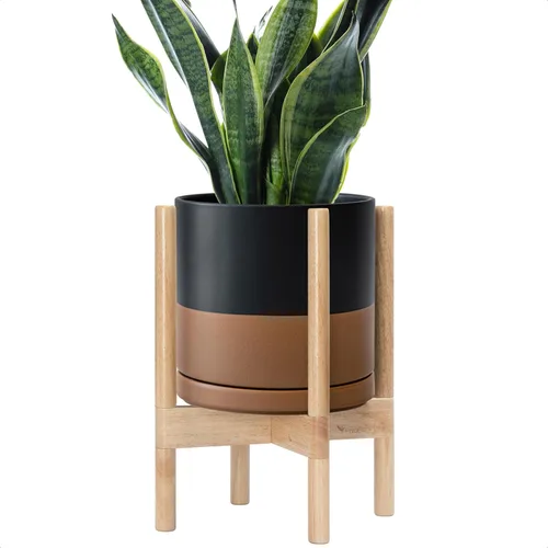 Miniatura 55 de D'vine Dev Maceta de cerámica con soporte de ébano – Maceta redonda moderna de 8 pulgadas con soporte para maceta de madera, color negro, 55-B-M-2