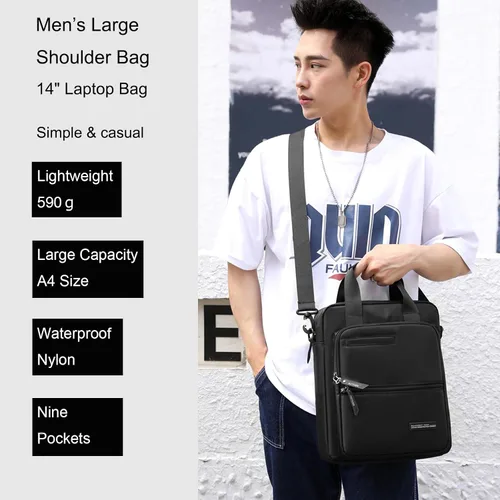 Miniatura 2 de zhongningyifeng Bolso bandolera para portátil de 14 pulgadas para hombre, de nailon, grande, impermeable, casual, negro, para trabajo, viajes, al