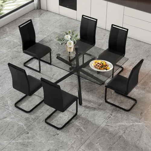 Miniatura 38 de Juego de 8 mesas de comedor de cristal, moderno juego de mesa de comedor de 71 pulgadas con 8 sillas de comedor tapizadas de piel sintética