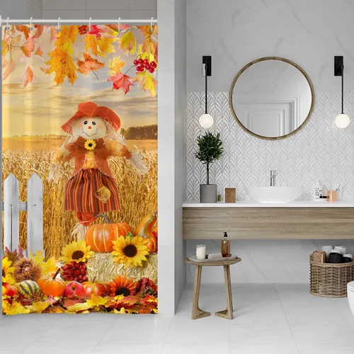 Miniatura 22 de Cortina de ducha de fantasma y gato negro para niños, 36 x 72 pulgadas, espeluznante y bonita, cortina de baño de Halloween con 6 ganchos, cortina