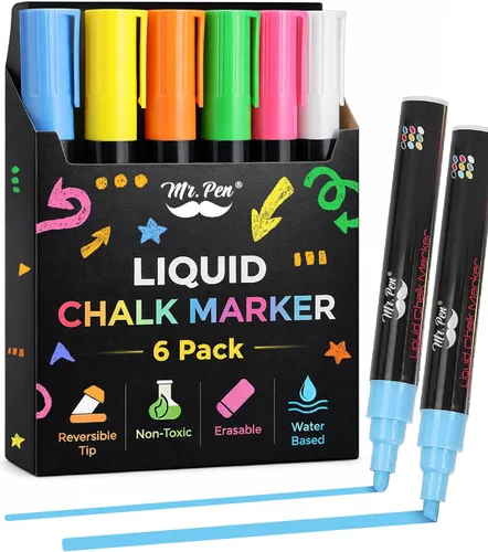 Mr. Pen - Marcadores de tiza líquida, paquete de 6, punta reversible, colores vibrantes, marcador de tiza borrable, marcadores de pizarra no tóxicos
