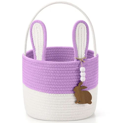 Miniatura 14 de SiliFine Cesta de Pascua para niños, cesta de conejo de Pascua con etiqueta de nombre, oreja de conejo desmontable, regalo tejido rústico para niñas