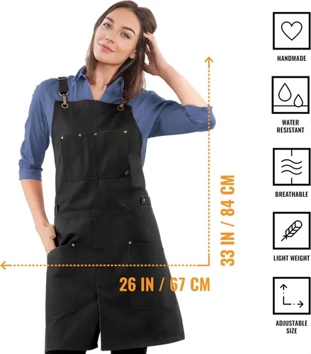 Miniatura 2 de Under NY Sky Delantal de cuero – correas cruzadas, pierna dividida, remachado, forrado – Piel auténtica para barberos, chef, camarero, barista Negro