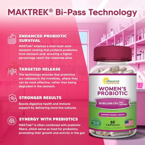 Miniatura 7 de aSquared Nutrition Probióticos para mujeres – 50 mil millones de UFC probióticos para mujeres apoya la salud digestiva, intestinal, vaginal