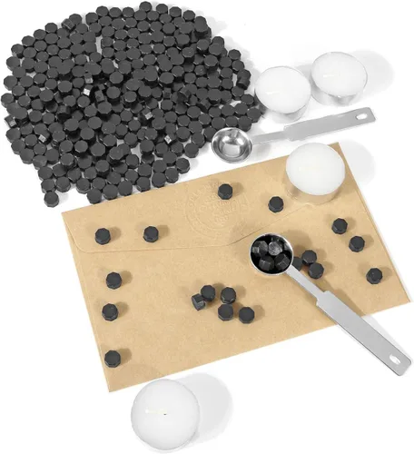 Miniatura 4 de Yoption - Juego de 300 cuentas de cera octágona, con 2 cucharas de fusión y 4 velas para sobres de invitación de boda, envoltura de regalo (negro)