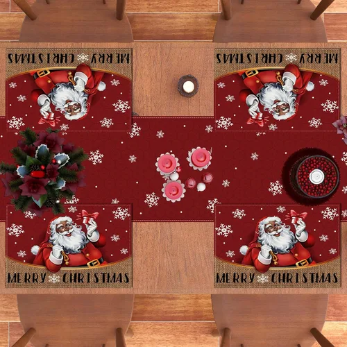 Miniatura 6 de Juego de 4 manteles individuales de Navidad afroamericanos, manteles individuales negros de Santa, decoraciones y suministros de Navidad para mesa