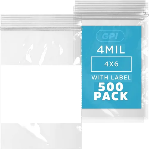 Miniatura 11 de GPI - 3" x 4" - Caja a granel de 1000, bolsas de plástico transparente con cierre de cremallera de 4 mil de grosor, resistentes, con bloque blanco