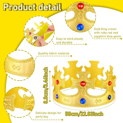 Miniatura 2 de Honoson 8 piezas de corona de rey para niños, sombrero de corona de rey de tela, coronas doradas para niños, niños, disfraz de cumpleaños de bebé
