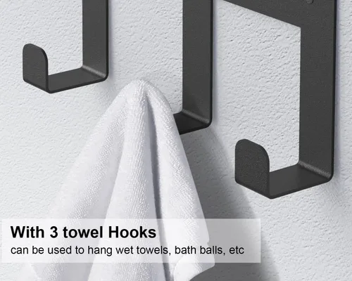 Miniatura 5 de Toalleros para baño, toallero con estante y 3 ganchos, soportes de almacenamiento de toallas de pared para toallas de baño enrolladas, color negro