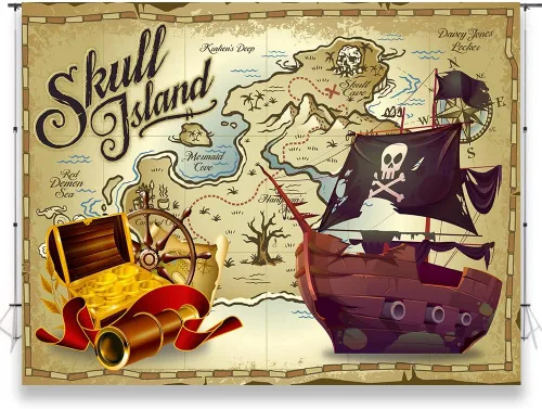 KUBZT537 - Telón de fondo de fiesta pirata de 7 x 5 pies, fondo de mapa del tesoro pirata, suministros de cumpleaños para niños, decoración de baby