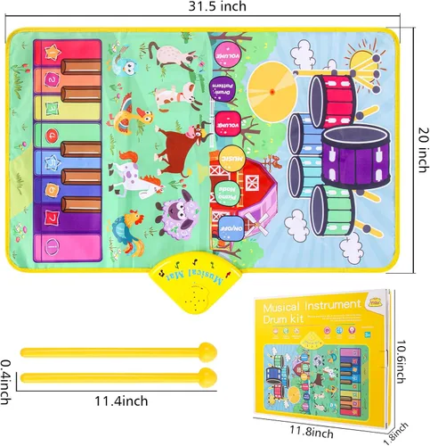 Miniatura 8 de Alfombrilla de piano con sonidos musicales de animales de granja para niños, juguete educativo sensorial de aprendizaje con batería para niños