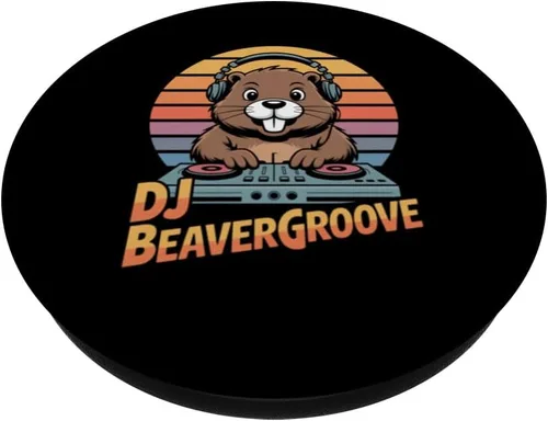 Miniatura 2 de DJ BEAVERGROOVE Retro Beaver DJ Turntable Sunset PopSockets Adhesive PopGrip