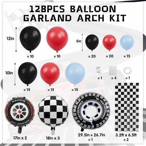 Miniatura 2 de Kit de arco de guirnalda de globos de auto de carreras, 128 piezas, globos rojos, azules, negros, negros, fondo de borla a cuadros y globo