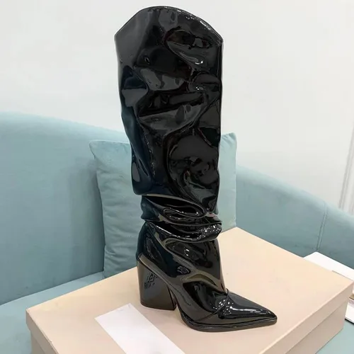 Miniatura 13 de Vertundy Botas altas hasta la rodilla metálicas con punta puntiaguda para mujer, botas altas de tacón alto de charol plisadas, botas largas plisadas