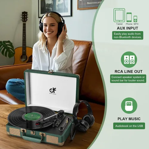 Miniatura 5 de Tocadiscos de vinilo Bluetooth de 3 velocidades portátil tipo maleta con altavoces integrados, grabación USB de vinilo a MP3, RCA, AUX y salida