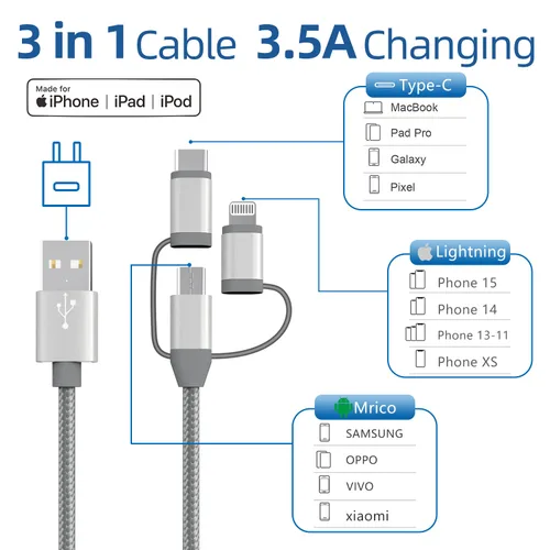 Miniatura 3 de Adaptador de cable de carga 3 en 1, Lightning certificado MFi de Apple, tipo C, cable micro USB, compatible con iPhone 16/15/14, iPad, Huawei, HTC