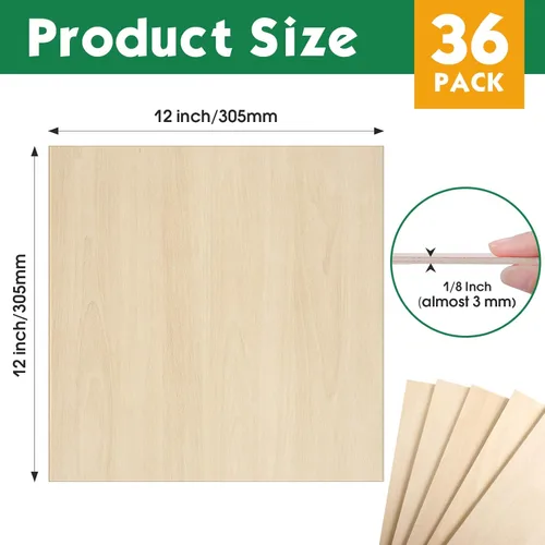 Miniatura 2 de Paquete de 36 hojas de tilo de 12 x 12 pulgadas, madera sin terminar para manualidades, tilo para corte y grabado láser, burinería de madera, hojas