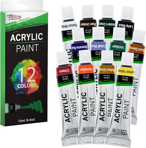 U.S. Art Supply Juego de pintura acrílica profesional de 12 colores en tubos de 0.4 fl oz, pigmentos ricos en colores vivos para artistas,