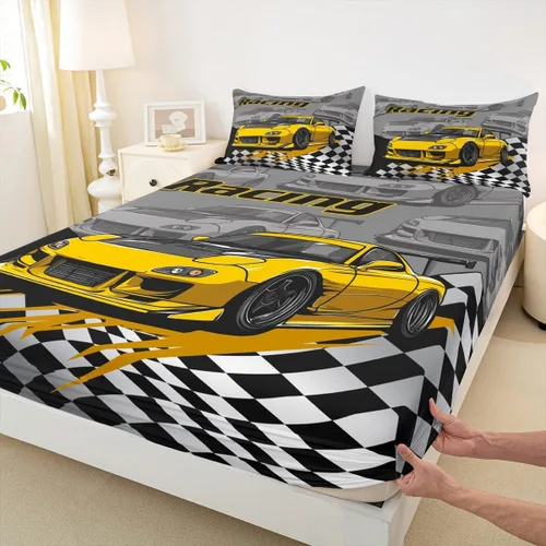 Miniatura 8 de Silver Race Cars - Sábana bajera ajustable para niños, tamaño individual, diseño de bandera de carreras en blanco y negro, decoración de habitación