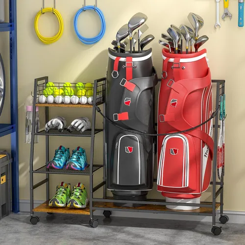 Miniatura 5 de DAOUTIME Estante de almacenamiento para bolsas de golf para garaje con ruedas, organizador para bolsa de golf y accesorios de equipo, soporte