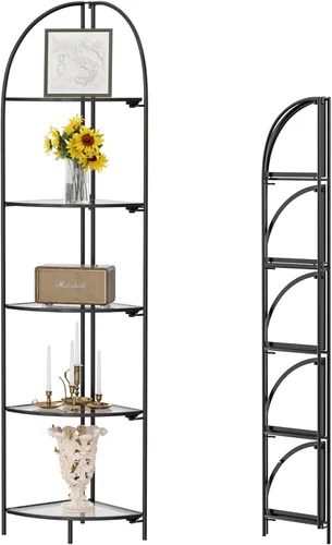 Miniatura 28 de Crofy Estante esquinero plegable de 3 niveles, soporte de esquina de metal para plantas con marco negro y estantes negros, estante de exhibición