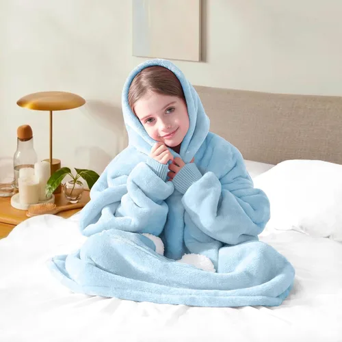 Miniatura 2 de Touchat Manta con capucha, sudadera de sherpa de gran tamaño con bolsillo y mangas para capucha, manta de felpa súper suave y cálida para niños, Azul
