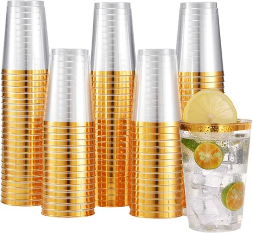 JOLLY CHEF Paquete de 100 vasos de plástico dorados de 12 onzas, elegantes vasos desechables con borde dorado, perfectos para el día de Acción de
